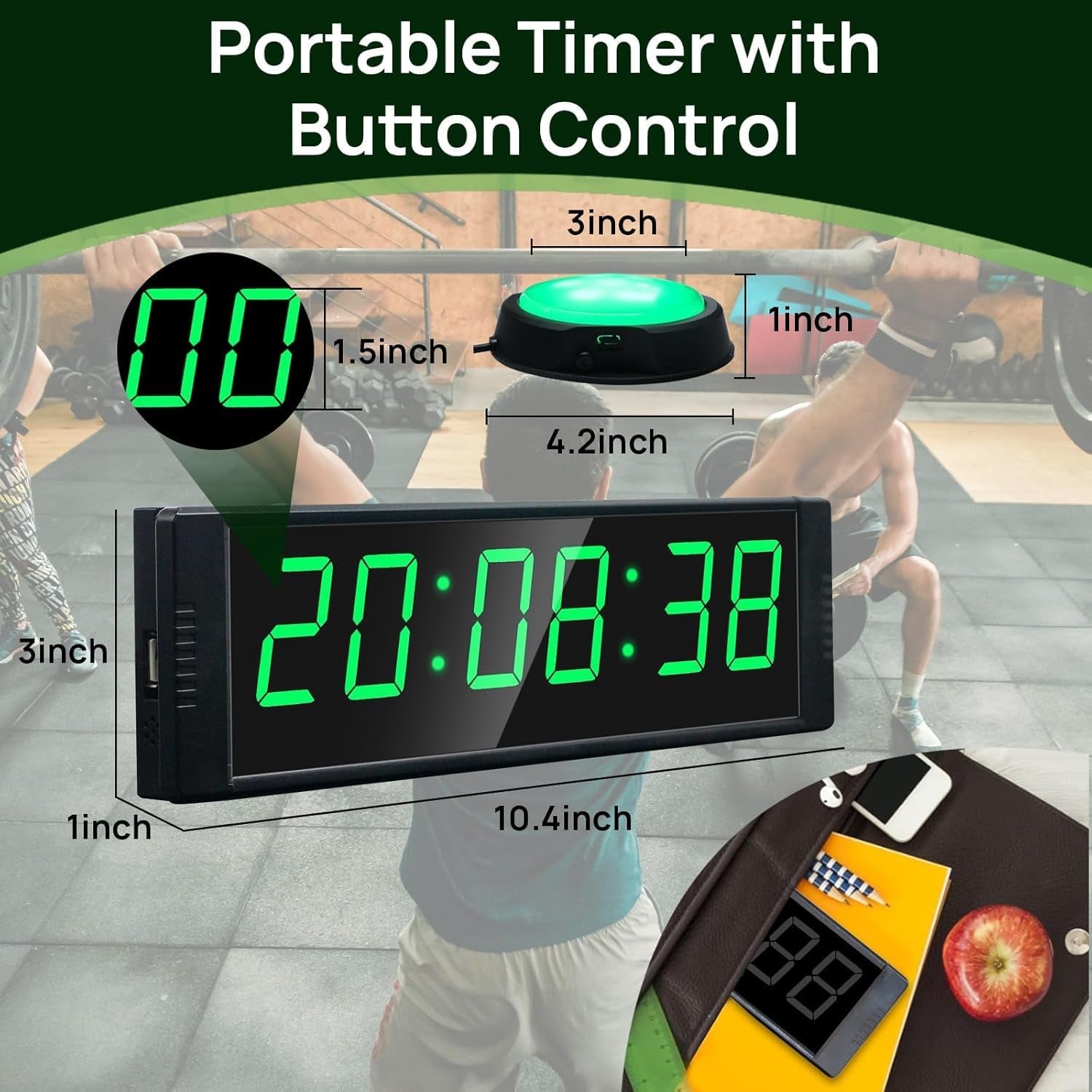 Gym Timer Clock, Green, Interval Timer for Workout, Portable Home Gym Accessory