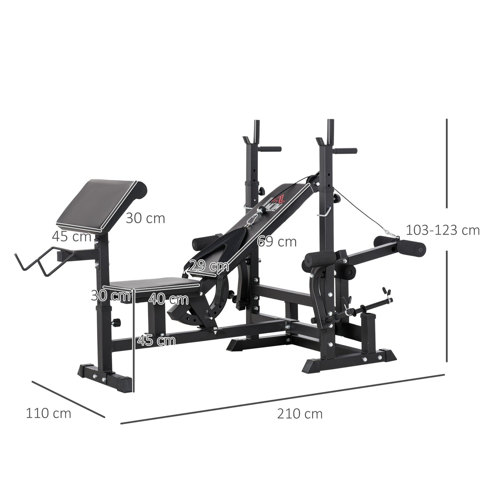 Weight Bench, 6 in 1 Adjustable Bench Press W/ Leg Extension, Barbell Rack