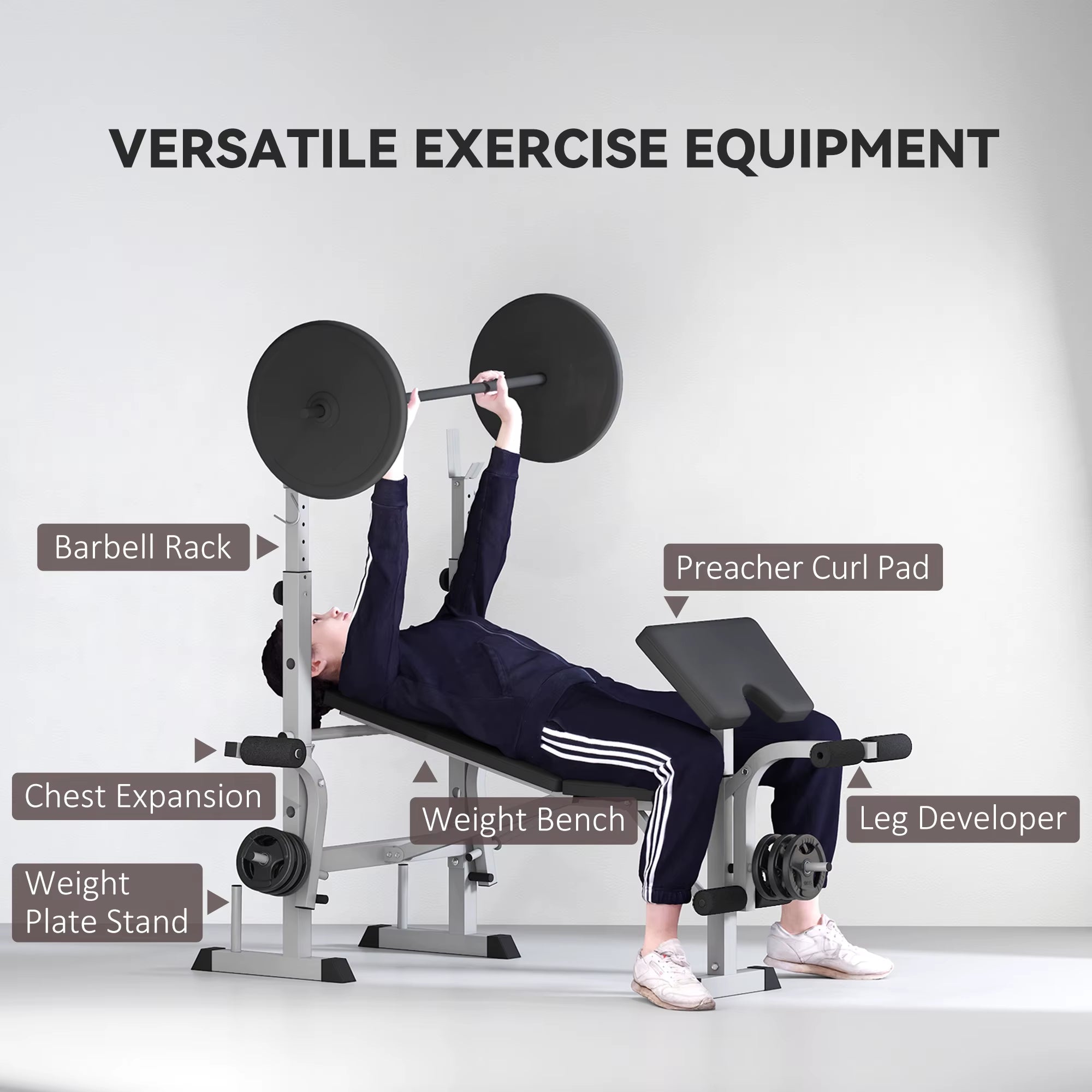 Adjustable Weight Bench with Squat Rack, Heavy Duty Bench Press Rack with Preacher Curl Pad, Leg Developer