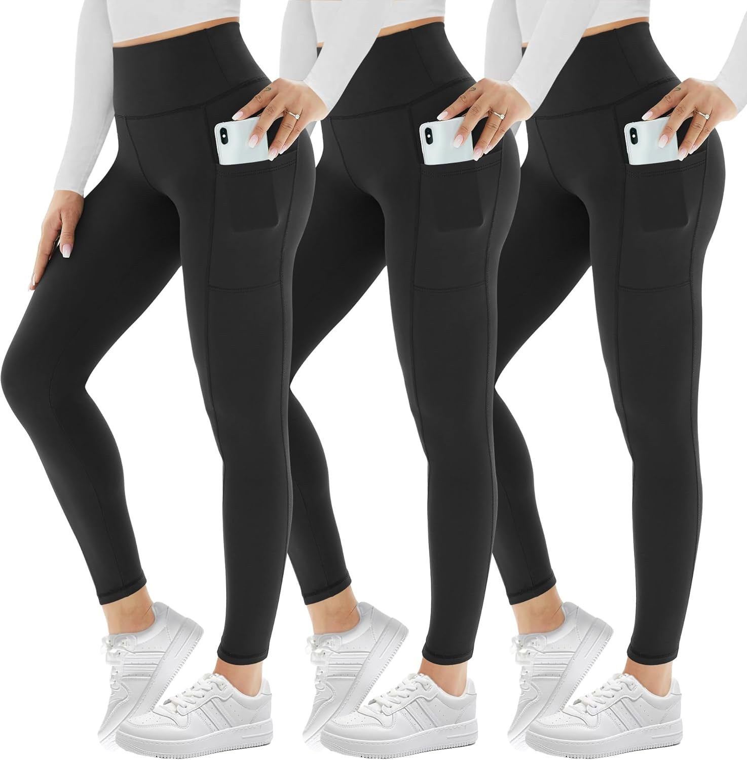 AMIYOYO 3 Pack Leggings for Women with Pockets High Waist Gym Leggings Black Tum