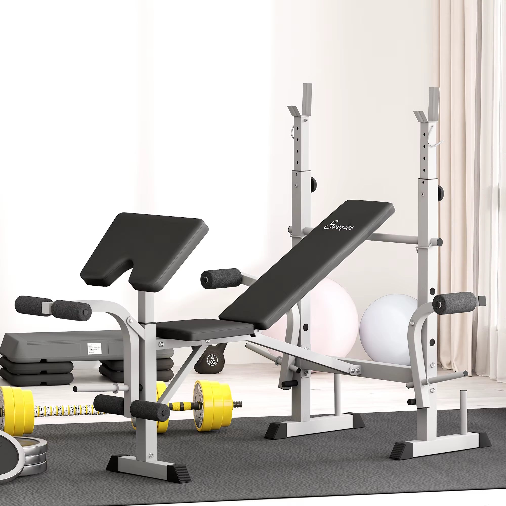 Adjustable Weight Bench with Squat Rack, Heavy Duty Bench Press Rack with Preacher Curl Pad, Leg Developer
