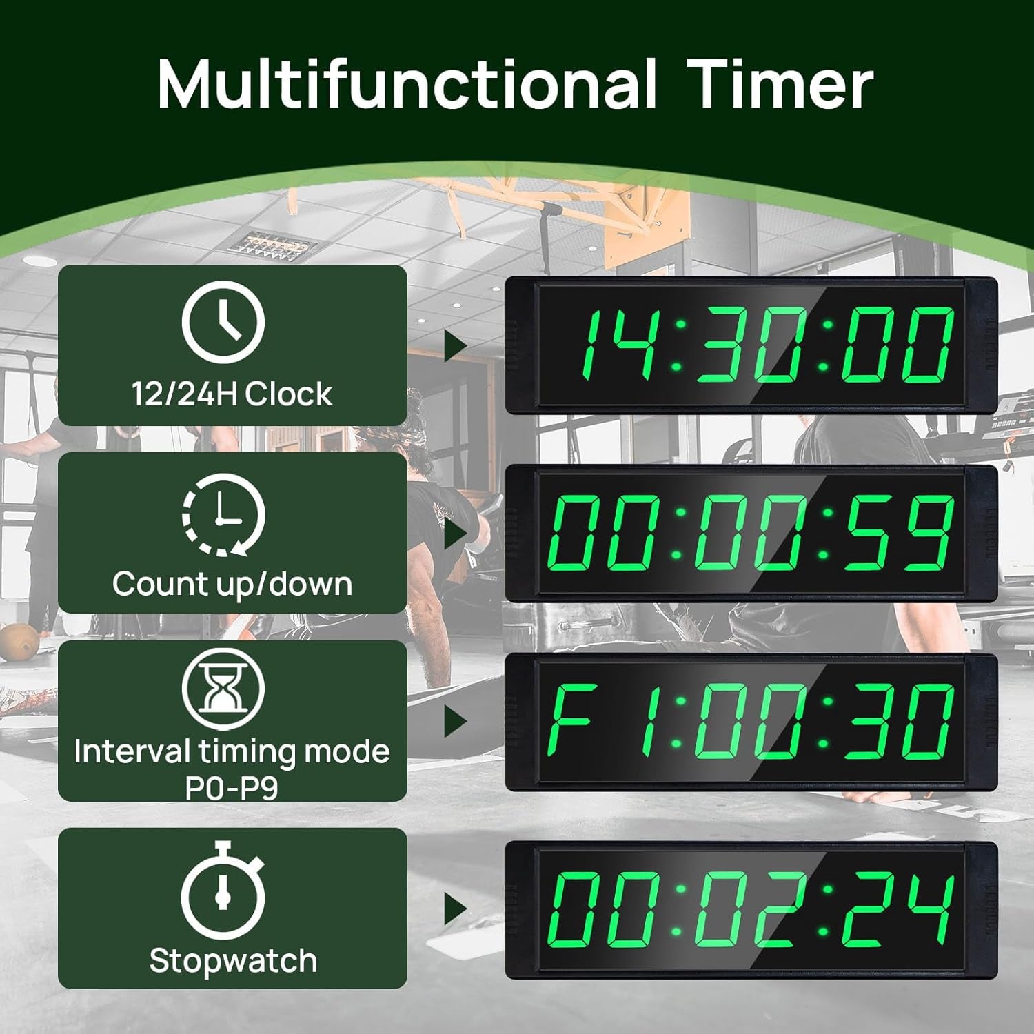 Gym Timer Clock, Green, Interval Timer for Workout, Portable Home Gym Accessory