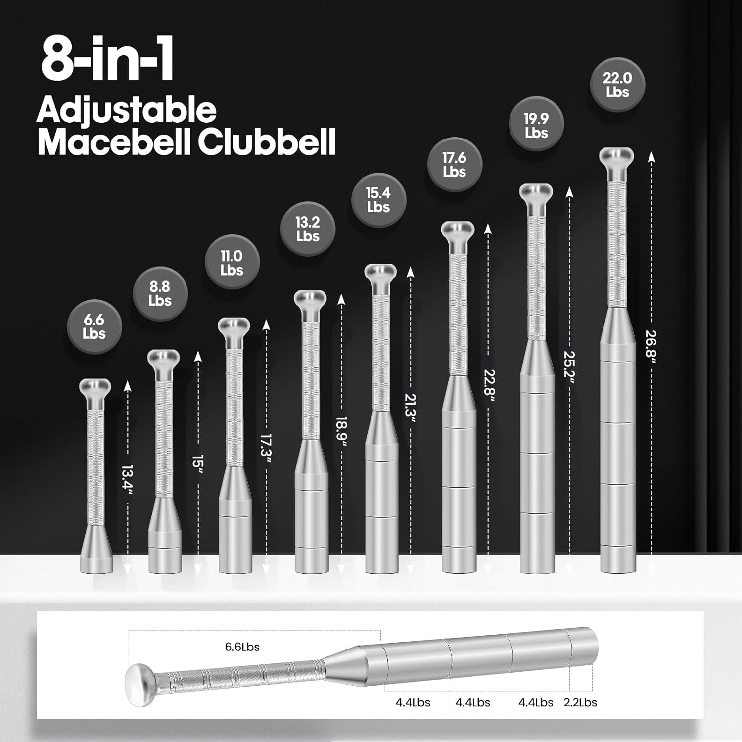 Adjustable Indian Club Exercise Set Workout Steel Club ,Strength Training Heavy Duty Gym Fitness Equipment,Weight Adjustable: 6.6/8.8/11.1/13.2/15.4/17.6/19.8/22 LB